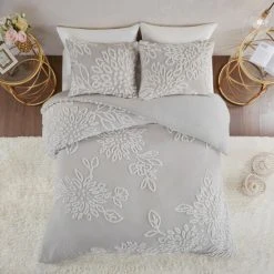 Wholesale 🎁 Madison Park Pansy Tufted Cotton Chenille Floral Duvet Cover Set Grey/white 🎁