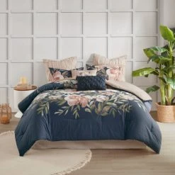 Best Sale 🎁 Madison Park Maia Navy Blush Floral Print 8-piece Cotton Comforter Set 😀