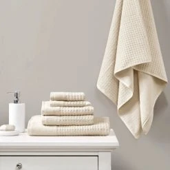 Outlet 🎁 Madison Park Spa Waffle Cotton Waffle Jacquard Antimicrobial Bath Towel 6 Piece Set Taupe 💯 -Madison Park Sales unnamed file 1659