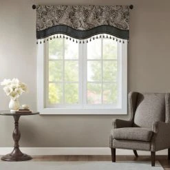 Best deal 🔥 Madison Park Whitman Jacquard Window Rod Pocket Valance With Beads - 50 X 18" Black 🧨 -Madison Park Sales unnamed file 2302