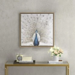 Deals 🌟 Madison Park Gilded Peacock Blue/ Neutral Framed Canvas With Gold Foil And Hand Embellishment ⭐