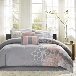 Best Pirce 🤩 Madison Park Brianna Grey/ Blush Cotton Sateen Printed Comforter Set ✔️