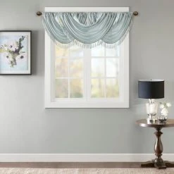 Best Pirce 🎁 Madison Park Juline Faux Silk Waterfall Embellished Valance - 38 X 46" Navy 🎉 -Madison Park Sales unnamed file 2689
