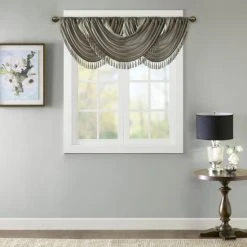 Best Pirce 🎁 Madison Park Juline Faux Silk Waterfall Embellished Valance - 38 X 46" Navy 🎉 -Madison Park Sales unnamed file 2694