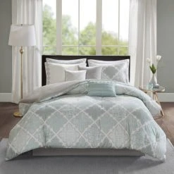 New 🎉 Madison Park Karyna Aqua 9-piece Cotton Sateen Printed Comforter Set 🎁