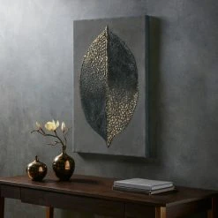 Flash Sale 😉 Madison Park Leaf Charcoal/ Gold Heavy Textured Canvas With Foil Embellishment 🔔