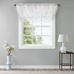 Promo 😉 Madison Park Iris Diamond Sheer Embroidered Waterfall Rod Pocket Valance - 38 X 46" White/grey 🥰