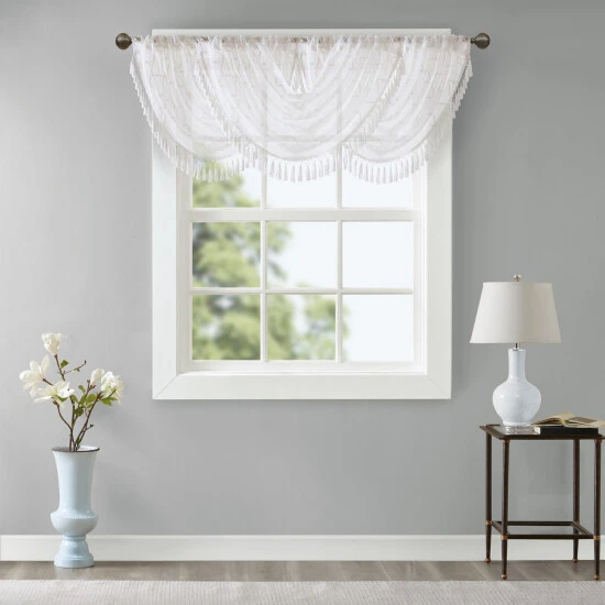 Promo π Madison Park Iris Diamond Sheer Embroidered Waterfall Rod Pocket Valance - 38 X 46" White/grey π₯° 3 Promo π Madison Park Iris Diamond Sheer Embroidered Waterfall Rod Pocket Valance - 38 X 46" White/grey π₯°