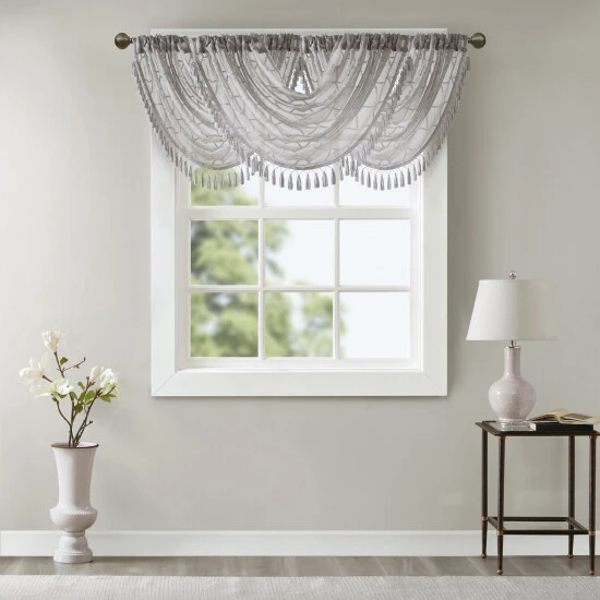 Promo π Madison Park Iris Diamond Sheer Embroidered Waterfall Rod Pocket Valance - 38 X 46" White/grey π₯° 5 Promo π Madison Park Iris Diamond Sheer Embroidered Waterfall Rod Pocket Valance - 38 X 46" White/grey π₯° - Image 3