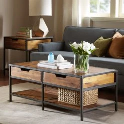 Deals ⭐ Madison Park Ryker Natural Wood And Gunmetal Frame Coffee Table 🥰
