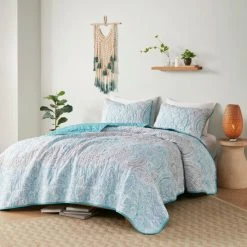 Outlet 🎉 Madison Park Peggy Teal 3 Piece Reversible Cotton Coverlet Set 👍