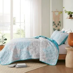 Outlet 🎉 Madison Park Peggy Teal 3 Piece Reversible Cotton Coverlet Set 👍 -Madison Park Sales unnamed file 5429