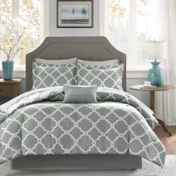Best Pirce 🌟 Madison Park Essentials Almaden Grey Trellis Pattern Reversible Complete Comforter Set With Cotton Bed Sheets 😍