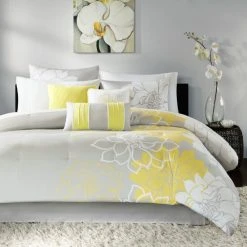 Promo 👍 Madison Park Brianna Grey And Yellow Flower Printed Cotton Comforter Set 🔥