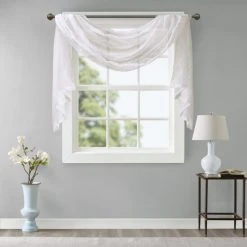 New 🎉 Madison Park Iris Diamond Sheer Embroidered Window Curtain Scarf Grey ✨