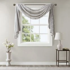 New 🎉 Madison Park Iris Diamond Sheer Embroidered Window Curtain Scarf Grey ✨ -Madison Park Sales unnamed file 944