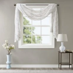 New 🎉 Madison Park Iris Diamond Sheer Embroidered Window Curtain Scarf Grey ✨ -Madison Park Sales unnamed file 945